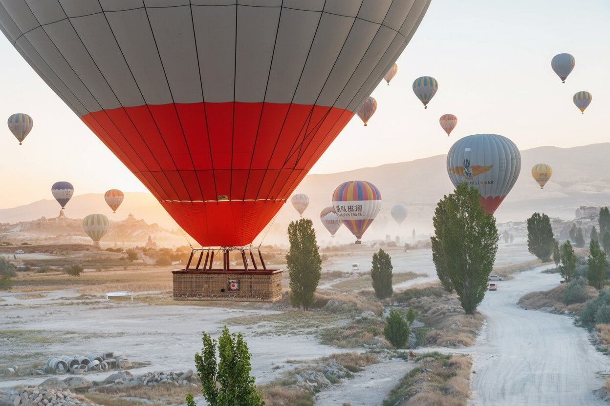 Mongolfiera su una valle con brina e alberi in una mattina fredda in Cappadocia